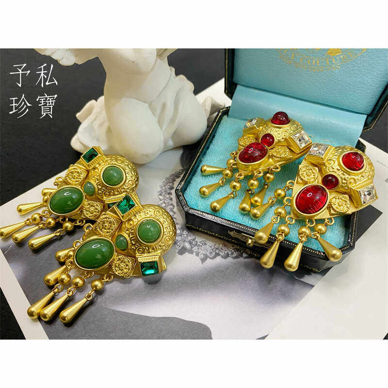 包邮 1818 复古Vintage欧美巴洛克镀真金宝石宝石夸张耳钉耳夹
