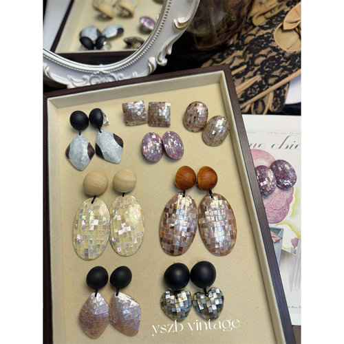 复古手工马赛克贝片木质耳环耳夹