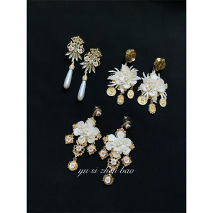 复古Vintage中古款 375 皮革花朵软陶立体花人像天使夸张耳环 包邮