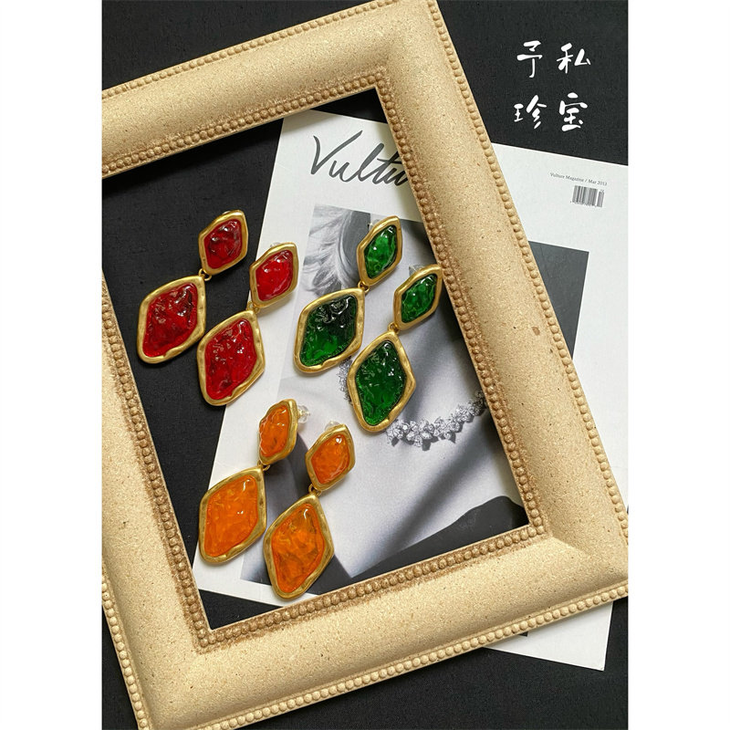 包邮 322 复古Vintage欧美宫廷风镀真金保色熔岩琉璃几何长款耳钉