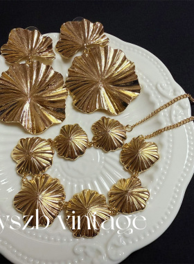 金色夸张叶子欧美耳钉耳夹项链