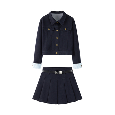 【有腰带】时尚牛仔外套百褶裙套装女2025新款春秋装两件套装8009