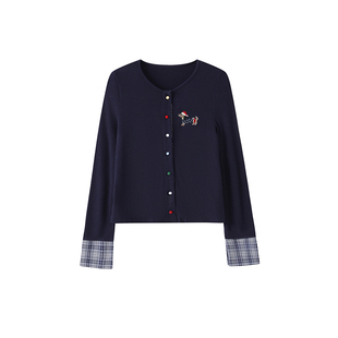 2558 气质拼接设计感彩扣针织开衫 圆领毛衣外套女秋冬新款 宽松时尚