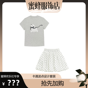 夏季女小狗短袖T恤波点裙套装