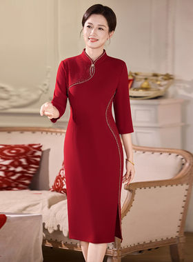 高定红色婚宴喜妈妈装结婚礼服改良新中式旗袍显瘦中老年女连衣裙