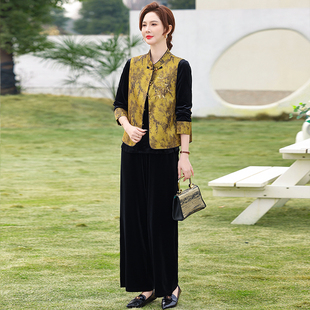 新中式妈妈春装金丝绒套装喜婆婆婚宴装中老年女装春秋季马甲外套