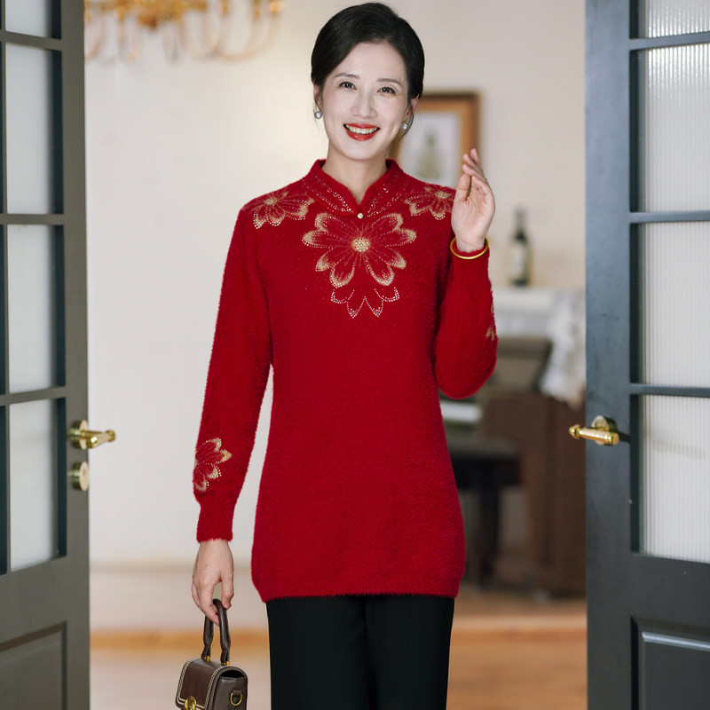 本命年妈妈装中长款时尚旗袍水貂绒打底衫中老年女气质保暖毛衣裙