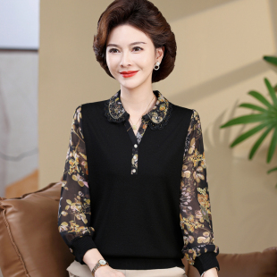 中老年女装春秋季蚕丝长袖T恤2025妈妈翻领遮肚衣服外穿纱袖小衫