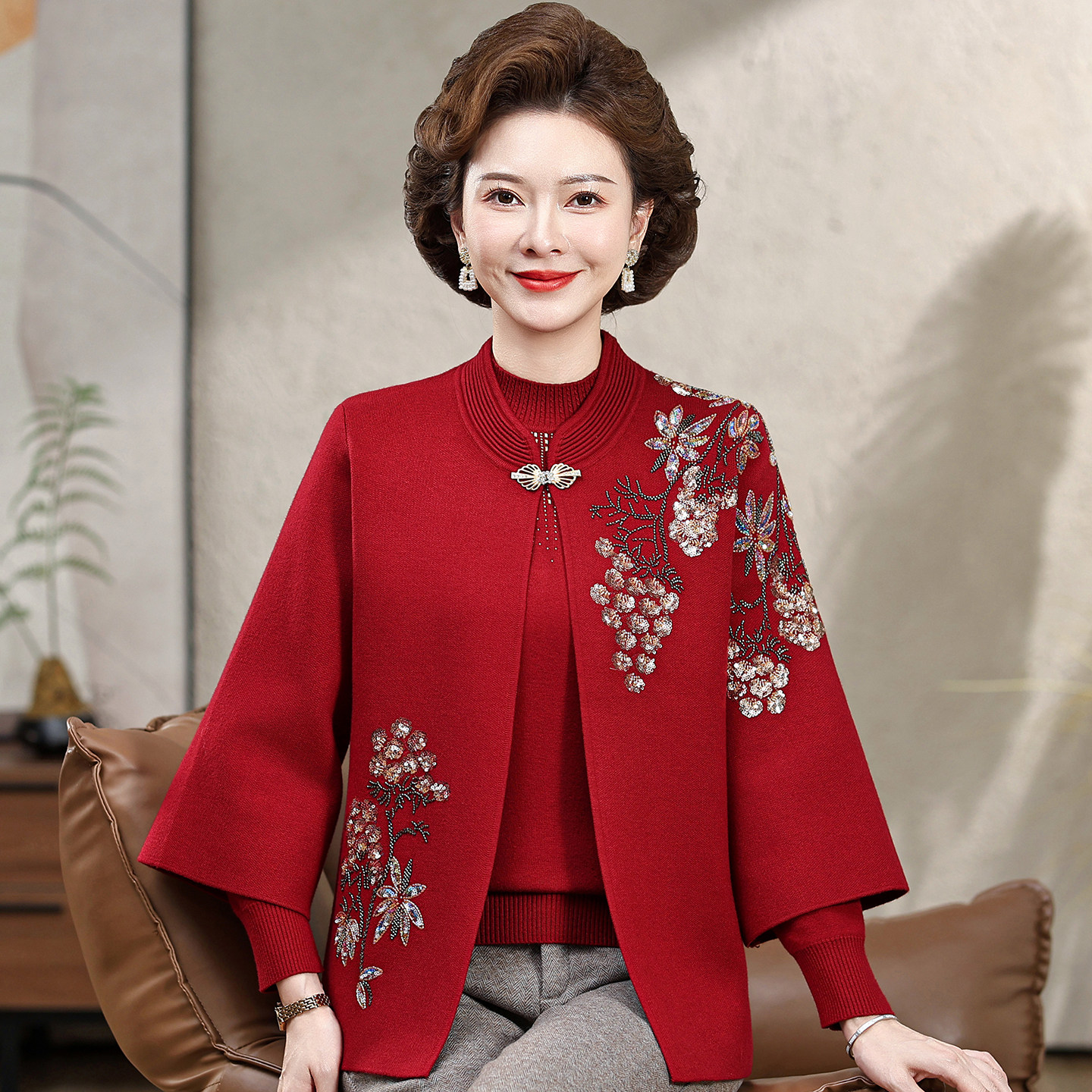 妈妈婚宴礼服秋装外套端庄套装喜婆婆中老年人羊毛上衣奶奶两件套