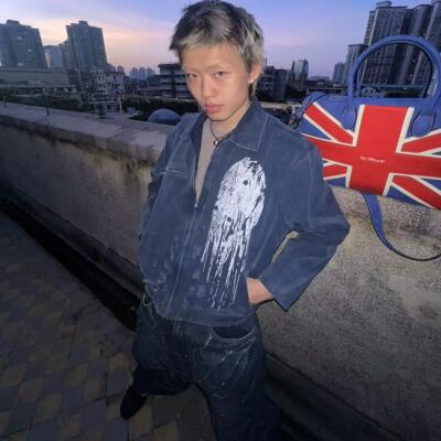 Human Voices骷髅印花水洗做旧破坏450克重磅底特律夹克帆布外套