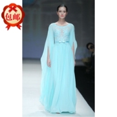 欧美时装 周T台晚礼服裙蓝色蕾丝透视性感雪纺长裙模特主持服舞台