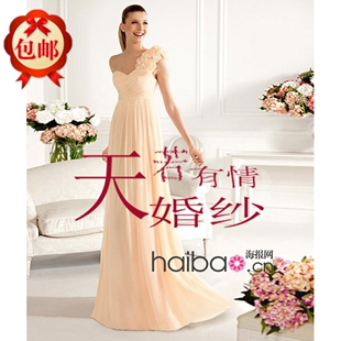 希腊单肩雪纺晚礼服花朵礼服长款香槟金色伴娘团长裙晚装结婚敬酒