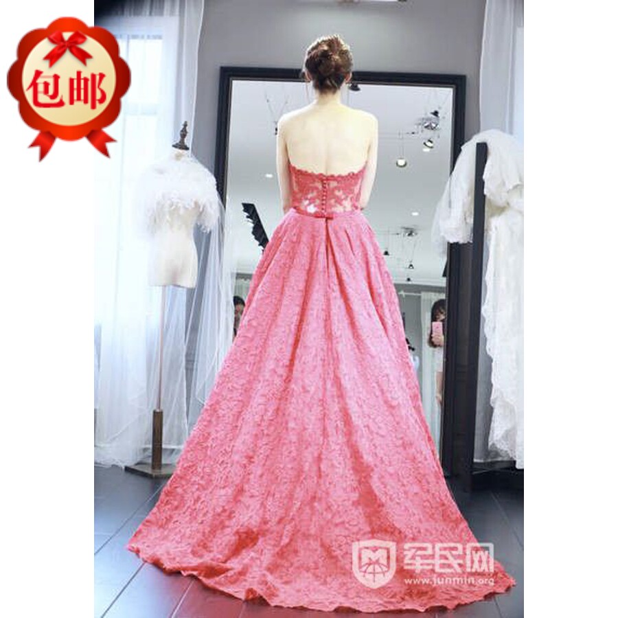 明星沈梦晨同款晚礼服粉红蕾丝拖尾长裙结婚敬酒服主持服表演蓬蓬