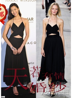 刘雯明星同款黑色雪纺礼服裙挂脖晚礼服性感中长裙宴会酒会舞台服