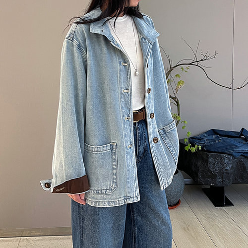 Oversize100%棉立领牛仔外套2026秋日轻软感撞色拼接女上衣中长款