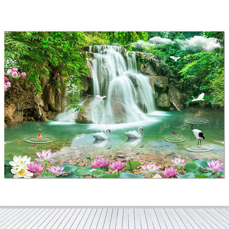 高山瀑布山水画荷花九鱼仙鹤天鹅装饰画流水生财墙贴自粘壁画定制