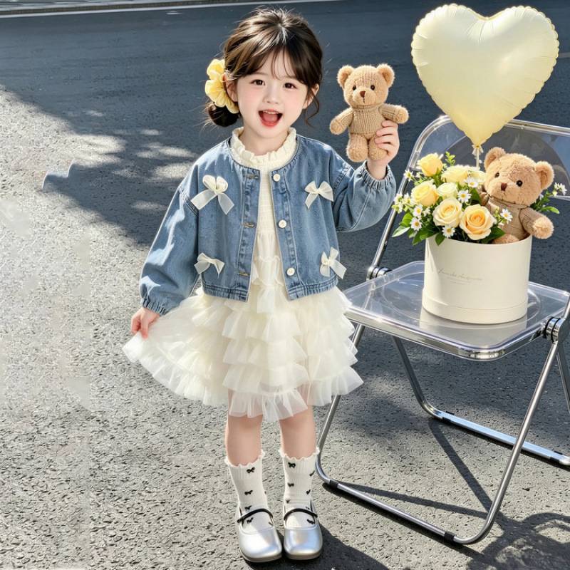 女童牛仔外套公主裙两件套春装洋气韩版蛋糕裙子春秋款连衣裙套装