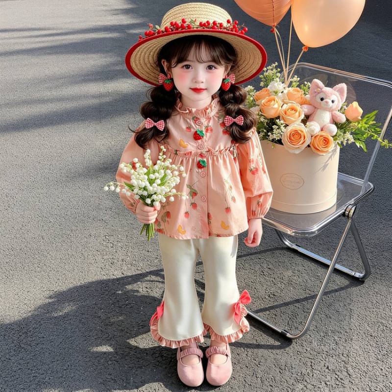 女童套装花朵衬衫喇叭裤春秋款儿童洋气时髦宝宝超仙甜美网红衣服