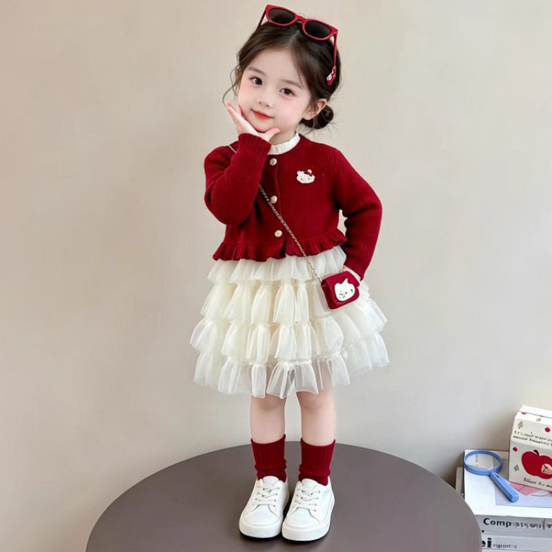 女童甜美卡通猫咪纱裙两件套秋季2026新款女孩针织开衫连衣裙套装
