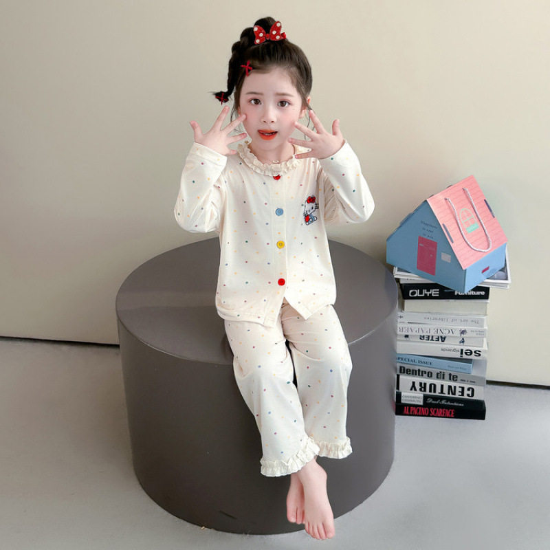 儿童睡衣2026新款女童春秋季款纯色长袖薄款中小童女孩公主居服