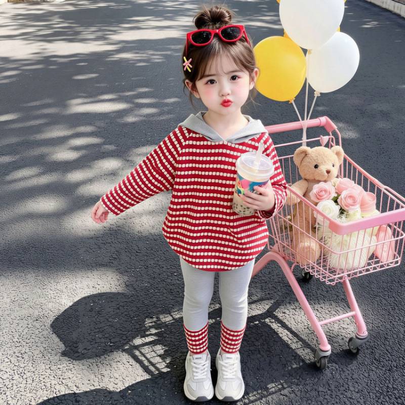 女宝套装2026新款春秋季儿童红色条纹连帽衫卫衣打底裤两件套衣服
