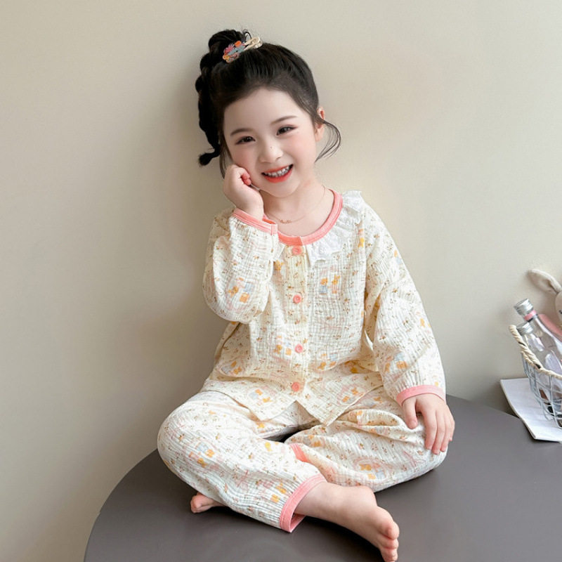 女童居服套装春秋2026新款女宝衫棉纱布儿童睡衣长袖春季.