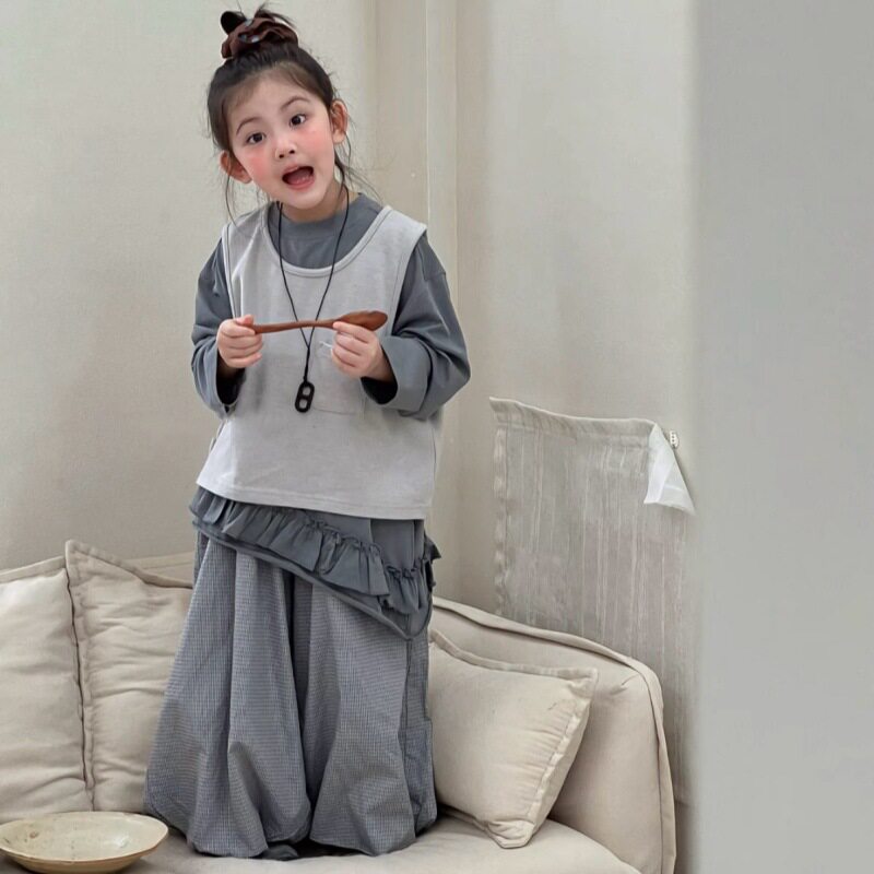 女童韩版童装2026春季新款花边拼接两件套撞色上衣格子裤宽松套装