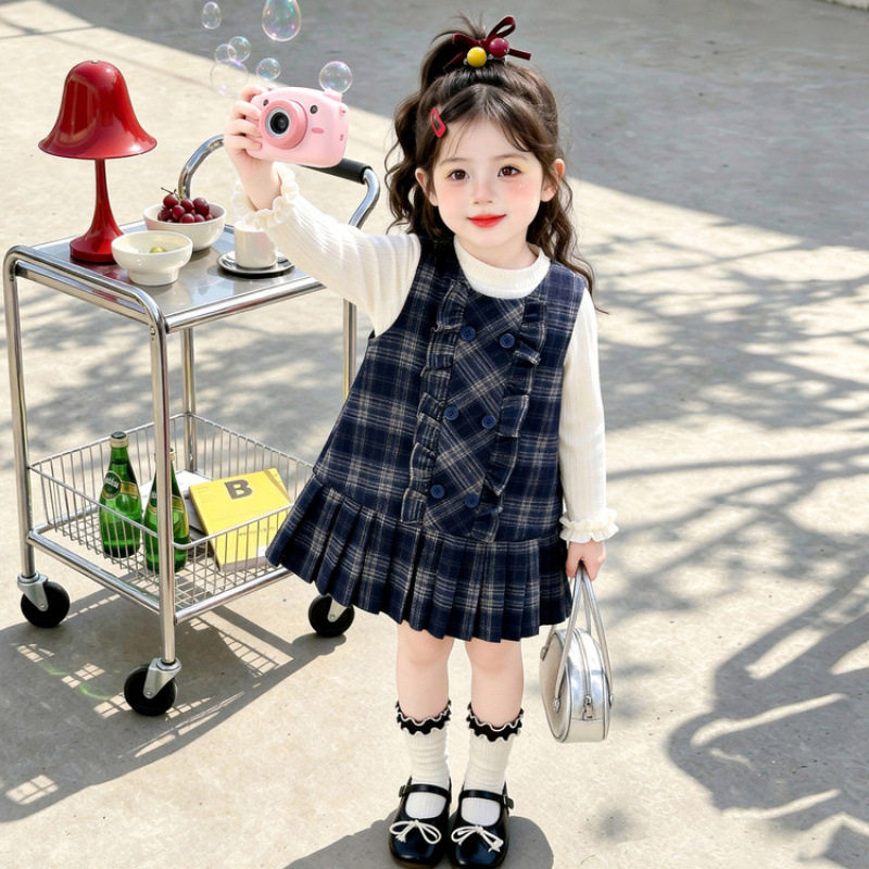 女童秋装套装连衣裙2026新款韩范儿童格子背心裙春秋两件套