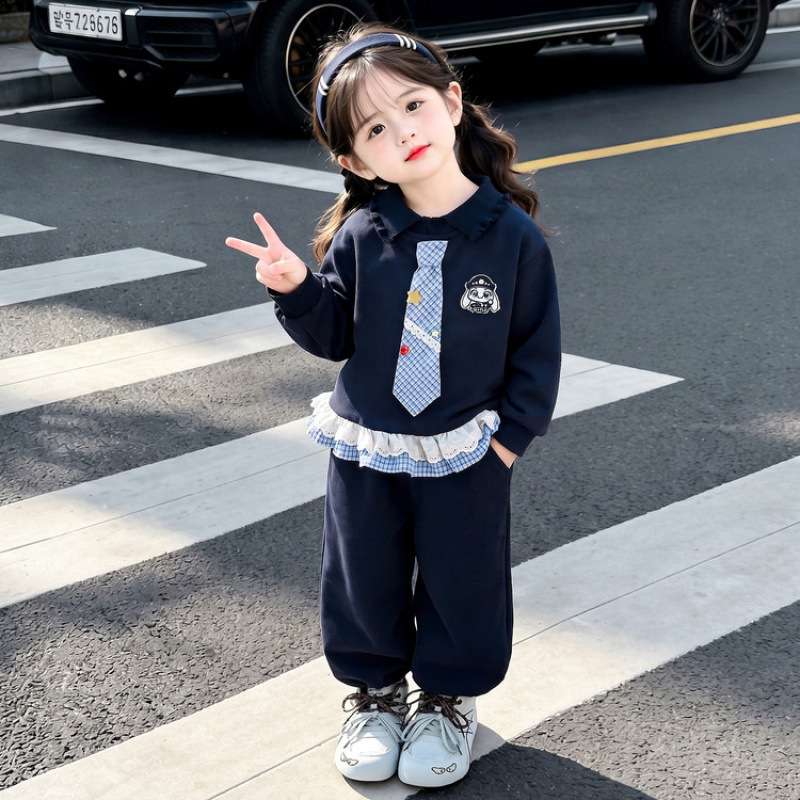 女童套装2026春秋新款宝宝卡通时髦卫衣休闲两件套儿童领带两件套