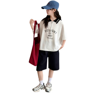 女童夏季POLO衫短袖T恤套装2026新款儿童薄款夏装t恤牛仔裤两件套