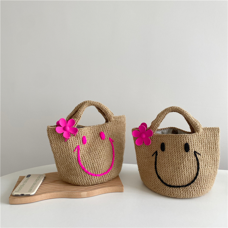 韩国东大门可爱甜美笑脸smile手工编织麻绳手拎包海边度假沙滩包
