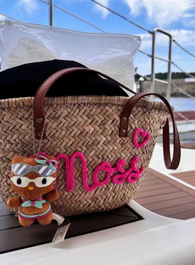 可定制字母草编包甜美花朵海边度假法式编织单肩大容量托特沙滩包