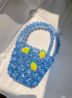 ins复古时髦可爱小清新感baby蓝色系/串珠手作编织女包mini小方包