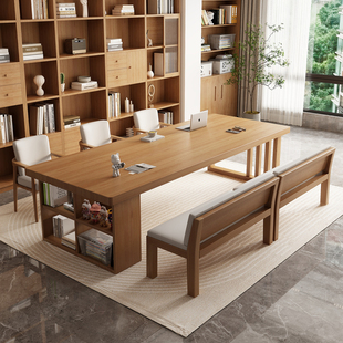 实木客厅大长书桌书柜一体家用写字桌储物收纳儿童学习桌工作台