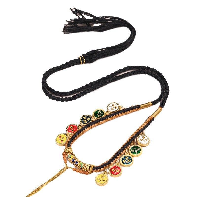 新款藏式手搓棉男女项链绳天珠手绘唐卡五路财神编织绳复古毛衣链