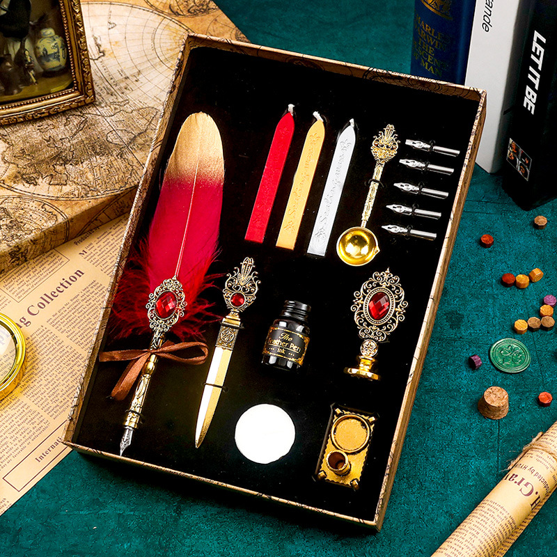 欧式羽毛笔套装带墨水英伦复古蘸水羽毛笔火漆印章学生沾水笔