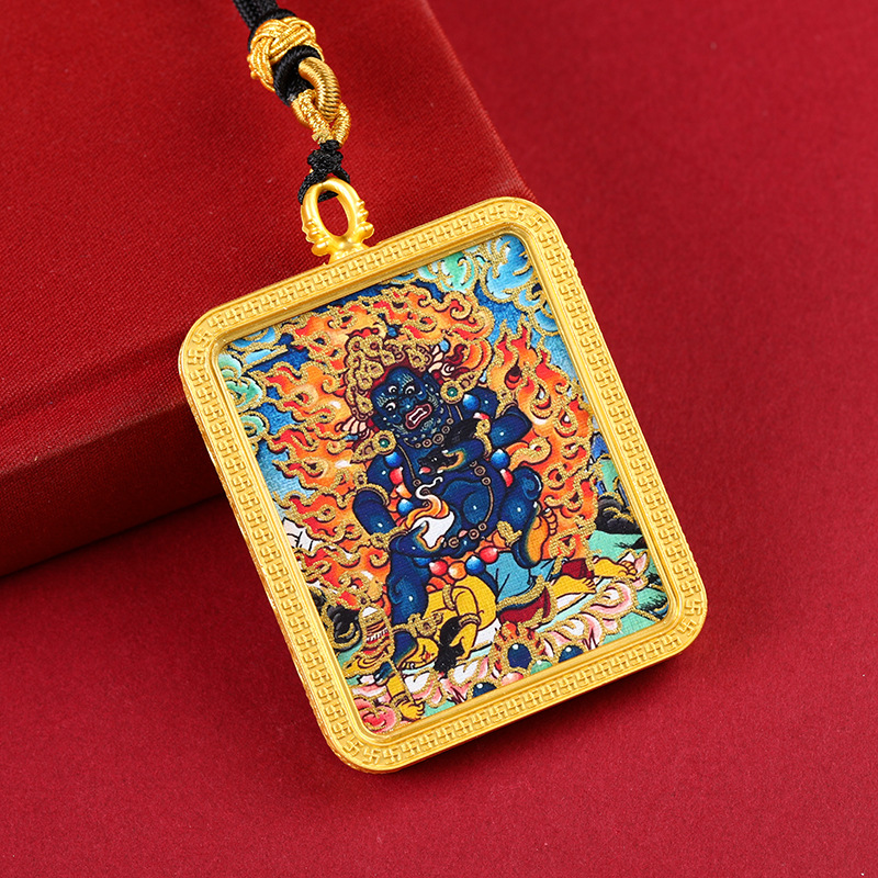 藏式半手绘描金唐卡绿度母黄财神黑财神红财神唐卡挂脖吊坠项链