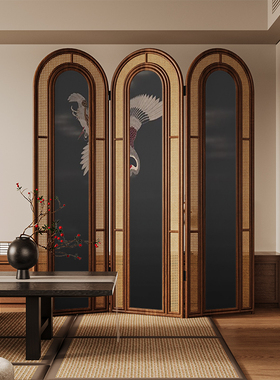 复古中式实木折叠藤编屏风隔断客厅沙发背景墙可移动茶室仙鹤折屏