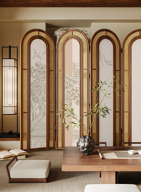 复古中式实木折叠藤编屏风隔断客厅沙发背景墙可移动茶室艺术折屏