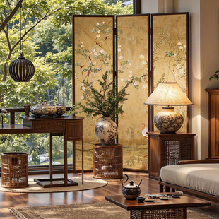 宋式美学复古中式折叠屏风隔断客餐厅玄关遮挡茶室可移动花鸟折屏