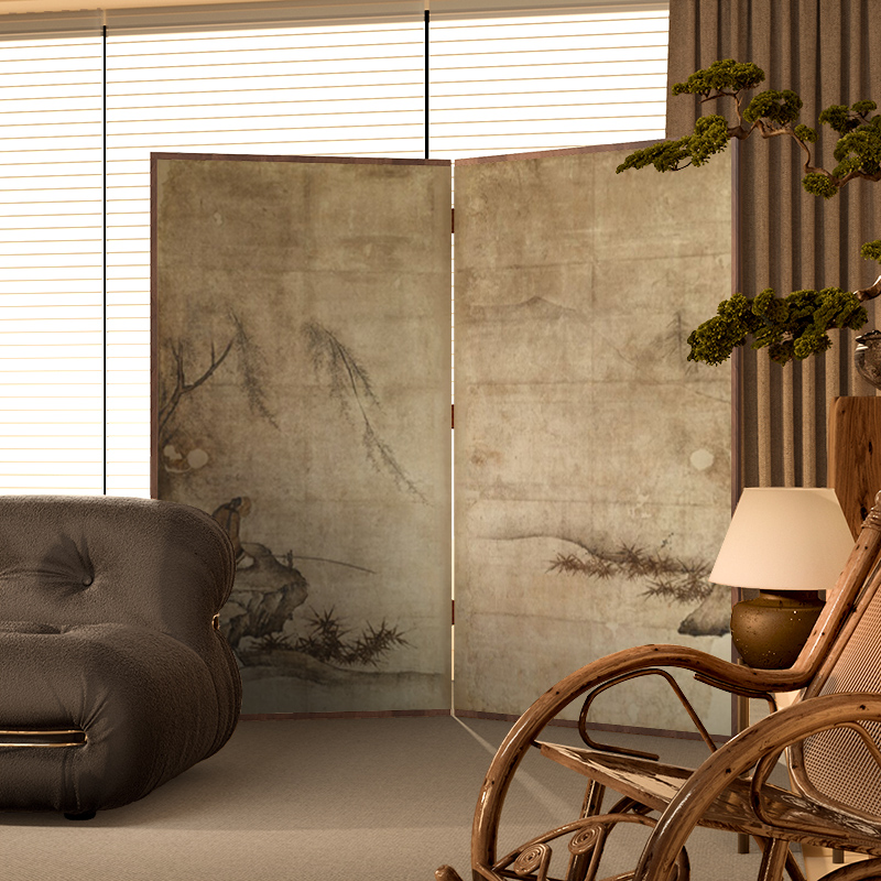 东方美学日式中古屏风隔断山水画