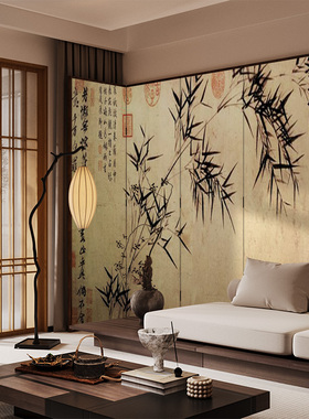 宋代美学新中式实木屏风隔断客餐厅卧室玄关茶室移动折屏墨竹古画