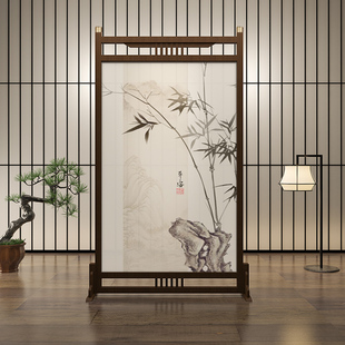 新中式 实木移动屏风隔断客厅入户玄关茶室榫卯遮挡背景墙座屏竹子