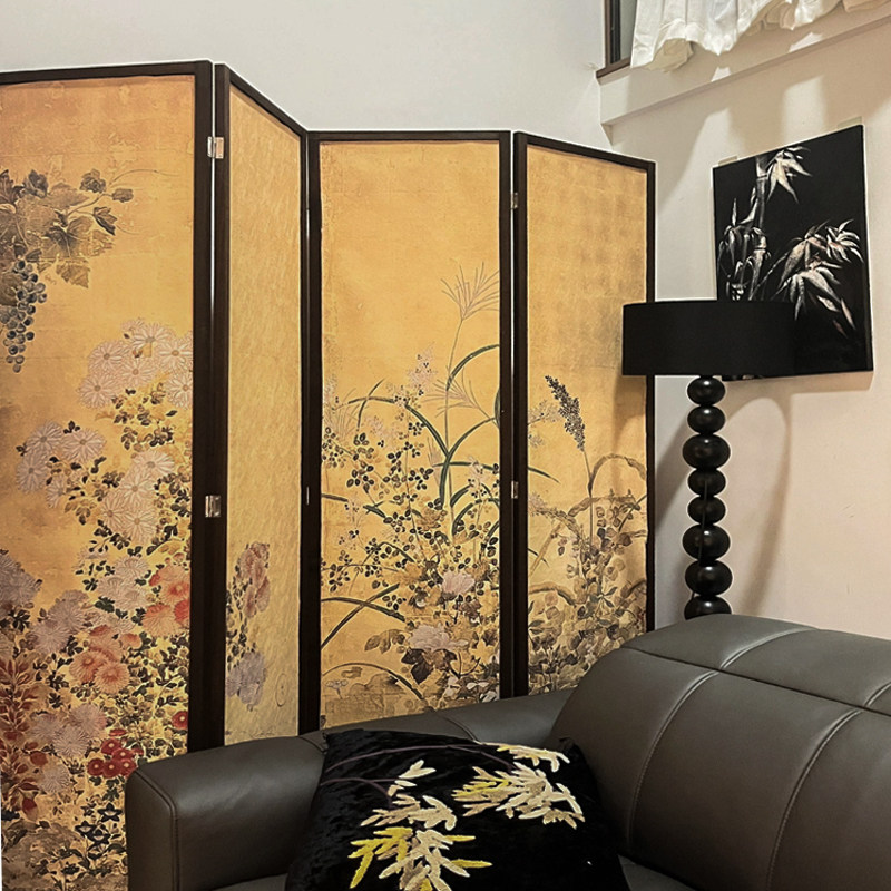 春秋花草》新中式复古屏风隔断客厅玄关茶室背景墙实木国潮风折屏