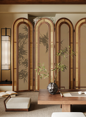 复古中式实木折叠藤编屏风隔断客厅沙发背景墙可移动茶室竹子折屏