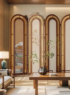 复古中式实木折叠藤编屏风隔断客厅沙发背景墙可移动茶室楼阁折屏
