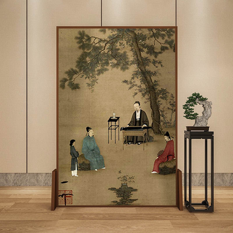 听琴图》新中式屏风隔断客厅实木卧室遮挡移动入户办公室古画座屏