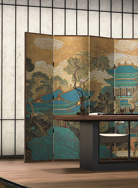 古典中式屏风隔断装饰客厅茶室酒店折叠移动建筑山水古画原木折屏
