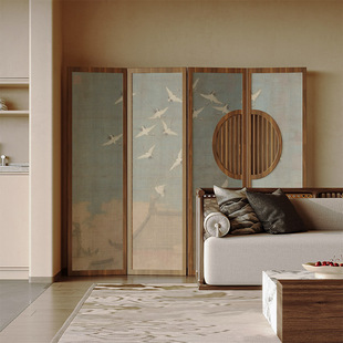宋氏美学新中式瑞鹤图屏风隔断客厅沙发背景茶室圆形实木栅栏折屏