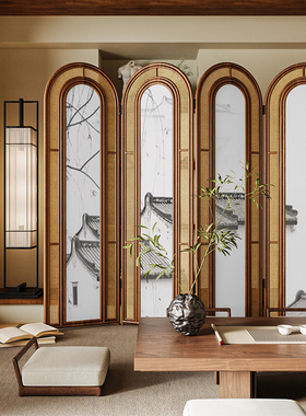 复古中式实木折叠藤编屏风隔断客厅沙发背景墙可移动茶室楼阁折屏